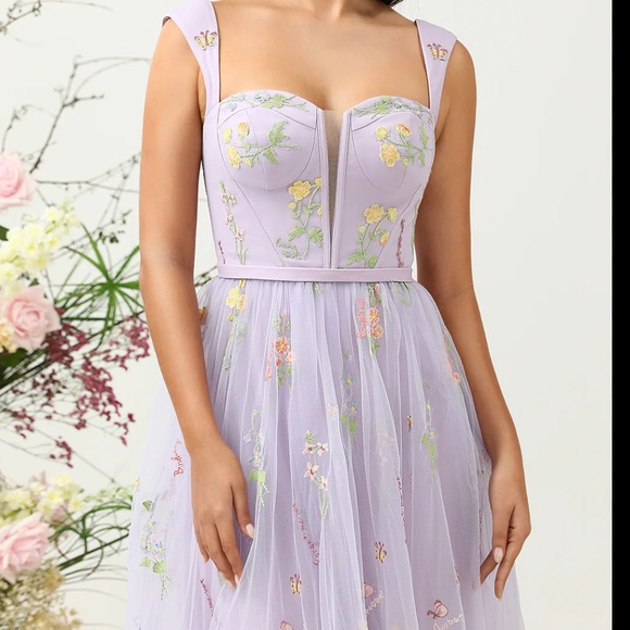 Lavender Blue Floral Embroidery Tulle Formal Dress Mini Length Homecoming 18 - Picture 6 of 13
